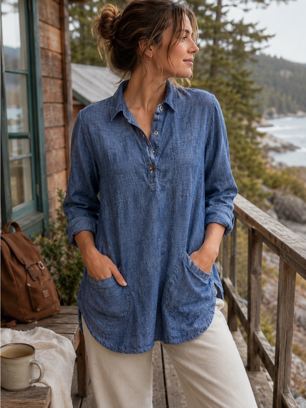 Royal Robbins Chambray Linen Blend Popover Gorpcore Shirt Blue M Travel Safari